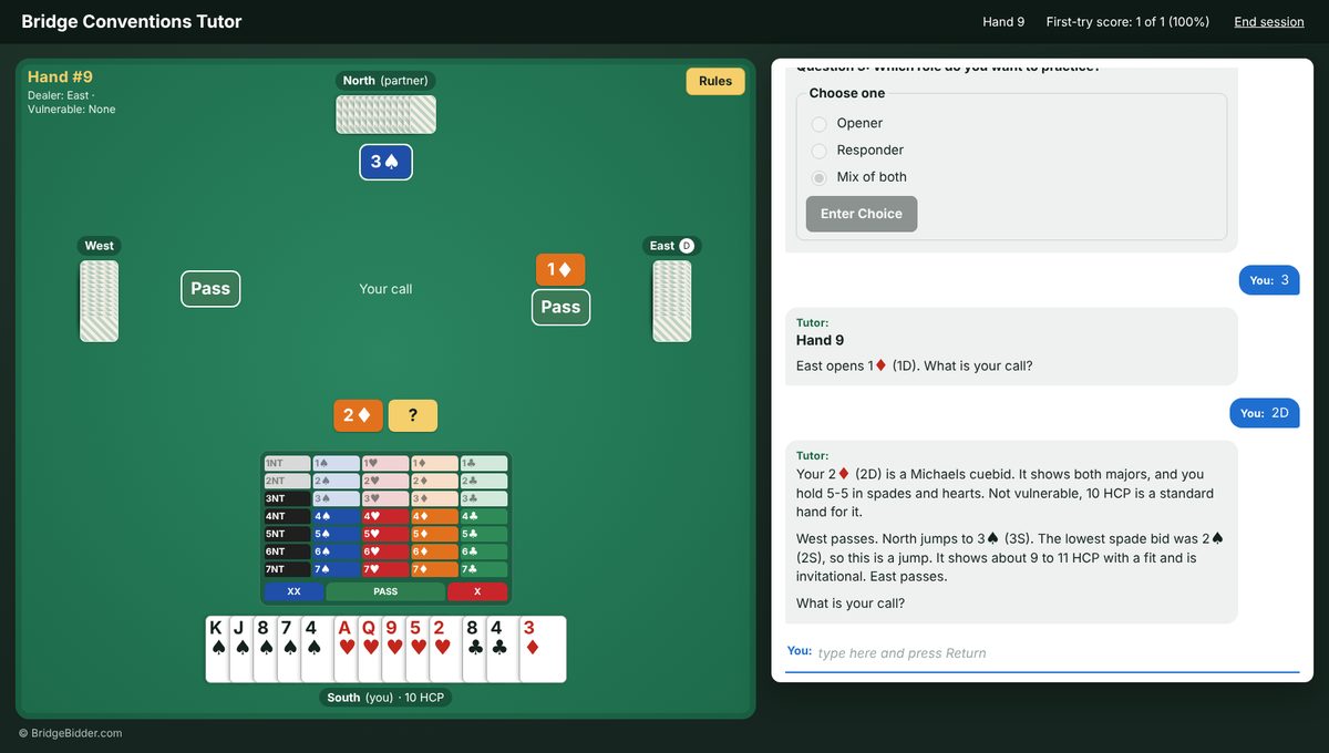 The practice table: your hand at the bottom, the auction in the centre, the tutor's explanation on the right, and a bidding box below it.